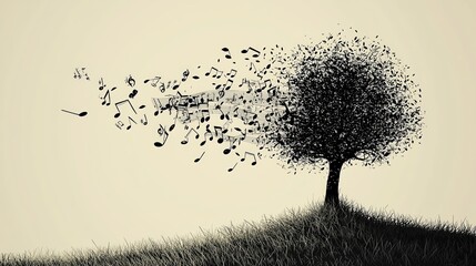 The image shows a solitary tree on a hill, with musical notes being carried away by the wind, symbolizing the ephemeral nature of music and the passage of time.