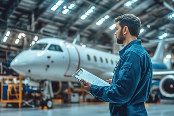 Aviation technician performing pre-flight checks with copyspace, clipboard in hand.