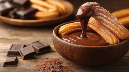 A Spanish churro coated in cinnamon sugar, dipped in thick chocolate sauce, placed on a rustic wooden table with chocolate pieces nearby