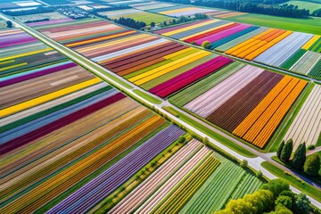 Colorful flower fields aerial view with vibrant stripes in countryside during daytime