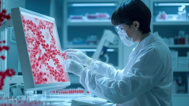 Scientist analyzing data on a computer screen in a modern laboratory with colorful cell images, focused on research.