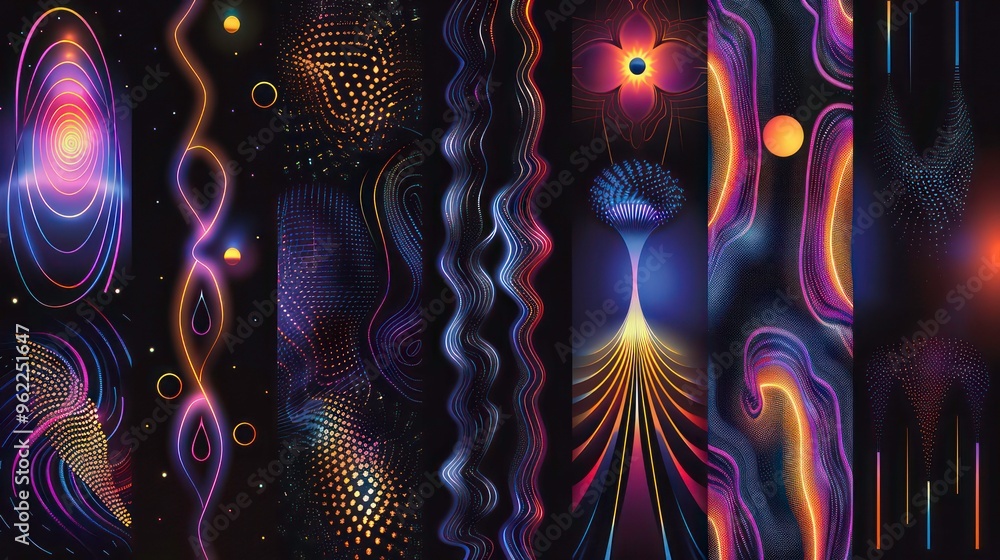 Poster abstract digital art with colorful patterns and shapes on a black background.