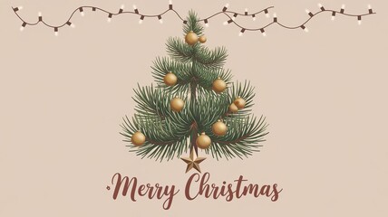 Christmas Tree with Gold Baubles Isolated on a Beige Background with text "Merry Christmas". New Year Illustration. Congratulations Card