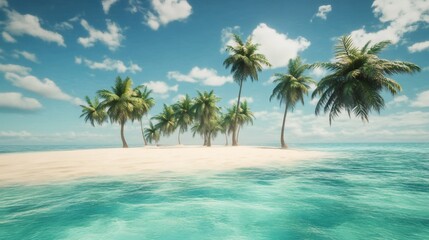 A small, tropical island with palm trees, white sand, and blue water.