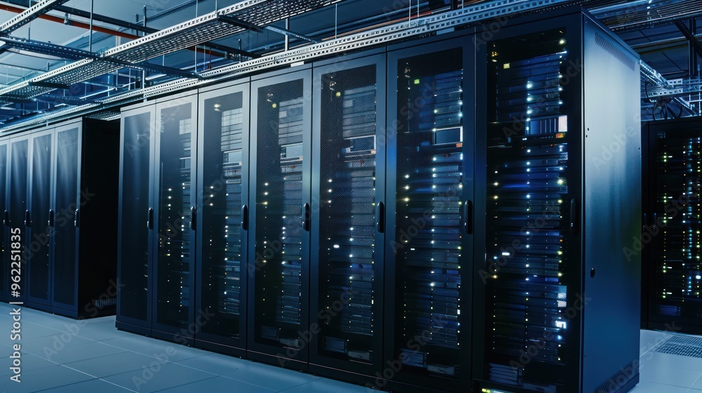 Poster server room with rows of network servers