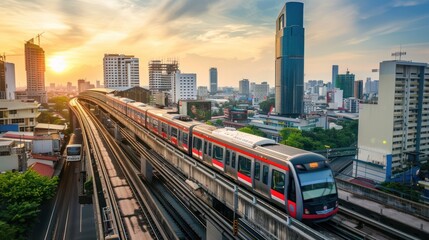 Fototapeta premium Cityscape with Train and Sunset