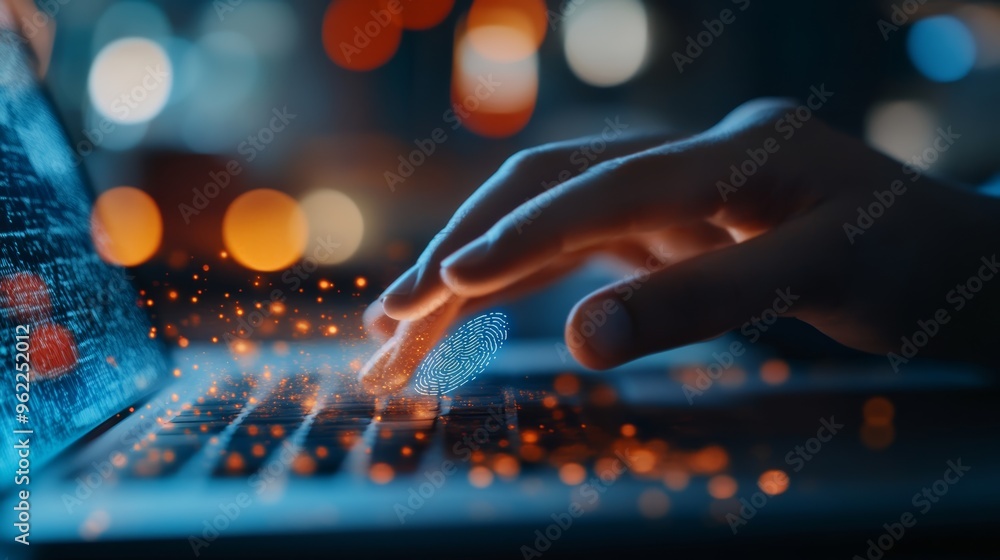 Aufkleber Hand interacting with a digital fingerprint scanner on a laptop, symbolizing secure biometric login and data protection. Concept of advanced cybersecurity and identity verification.