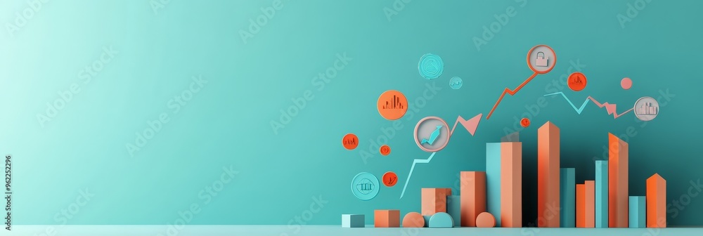 Poster minimalist 3d business bar chart with connected icons on a pastel turquoise background. concept of f