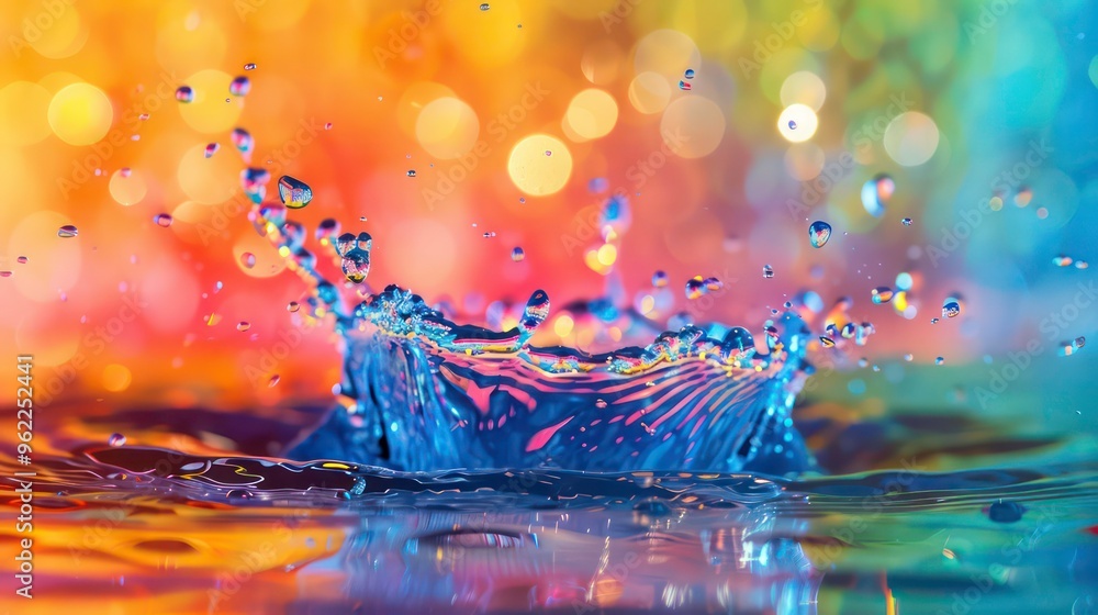 Poster a single water drop creates a vibrant splash with iridescent colors against a background of bokeh li