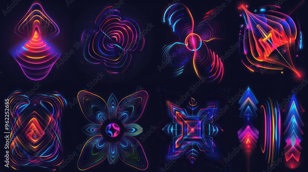 Poster a collection of eight abstract colorful neon line art designs with different shapes and patterns aga