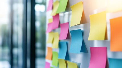 Colorful sticky notes on a glass board in a modern office. Represents brainstorming, business planning, and idea generation.