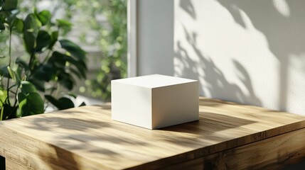 3d mockup of a white box placed on a wooden table in a nature-lit room with soft shadows