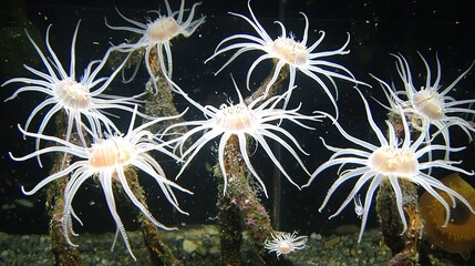   A group of white sea anemones swim in a large aquarium filled with rocks and gravel against a black backdrop
