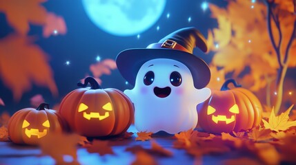 Background for Halloween cute white ghost with pumpkin, in a witch's hat, autumn maple foliage. Orange background he style features soft colors and cartoon illustrations