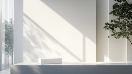 White box mockup on a minimalist desk with large windows allowing natural light to flood the room