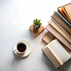 Naklejka premium high angle view of books on table against white