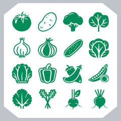 Set of vegetables black silhouette Carrot, potato, tomato, cucumber, onion, garlic, cauliflower, bell pepper, cabbage vector icon in white background.