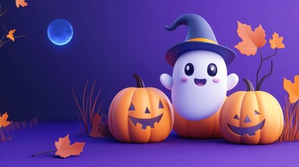 Fototapeta premium Background for Halloween cute white ghost with pumpkin, in a witch's hat, autumn maple foliage. Purple background he style features soft colors and cartoon illustrations