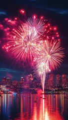 Fototapeta premium Panoramic Fireworks Show Over Cityscape Illuminating Night Sky with Reflections in Water