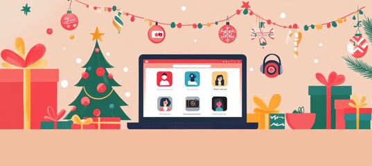 Festive Virtual Christmas Party Event Cover with Holiday Decorations and Video Call Icons for Invitations