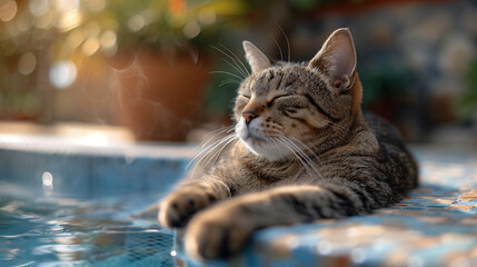 cat by the pool. Cat is relaxing by the pool. Summer holidays, vacation, sea, travel.