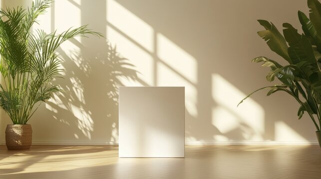 3d mockup of a white box in a sunlit room with shadows from plants adding a natural touch