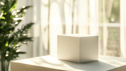Mockup of a sleek white box on a table in a naturally lit room with sunlight softly filtering in