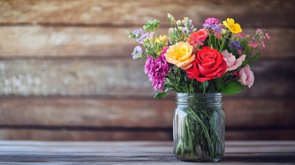 Bright and cheerful Valentine's Day bouquet in a mason jar against a rustic wooden background.