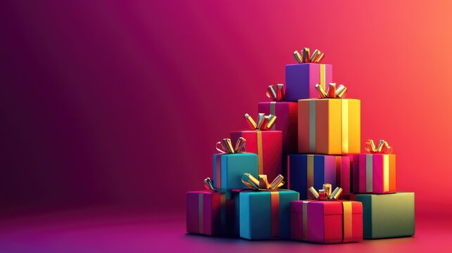 Stacked colorful gift boxes tied with golden ribbons on a vibrant gradient background.