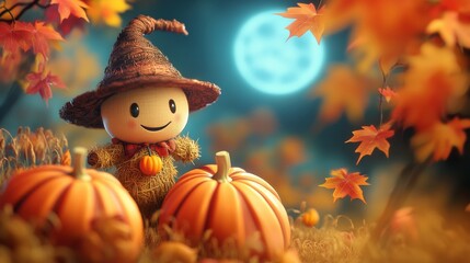 Naklejka premium Background for Halloween cute straw scarecrow with pumpkin, in a witch's hat, autumn maple foliage. Orange background he style features soft colors and cartoon illustrations
