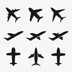 Black shadow-shaped airplane icons set.