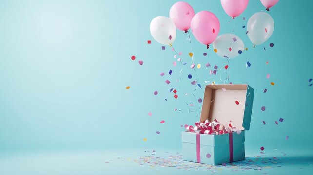 A festive blue gift box bursting open with colorful balloons and confetti, evoking celebration and joy.