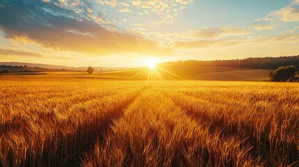Obraz premium Wheat field bathed in sunset light, clouds parting for a warm ray, tree framing the scene