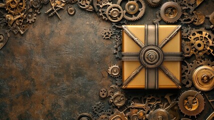 Naklejka premium A steampunk-themed gift box adorned with metallic gears, resting on a rustic, industrial surface