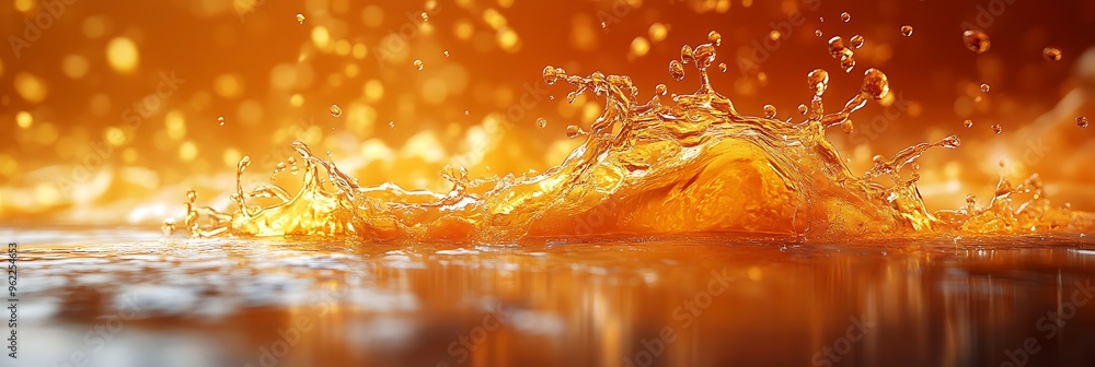 Poster abstract orange liquid splash with bokeh effect.