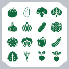 Set of vegetables black silhouette Carrot, potato, tomato, cucumber, onion, garlic, cauliflower, bell pepper, cabbage vector icon in white background.