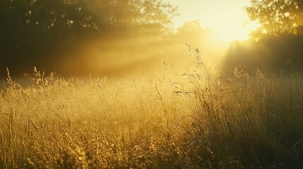 Fototapeta premium A meadow bustling with lush blades of grass bathed in sunlight filtering through towering trees in the background