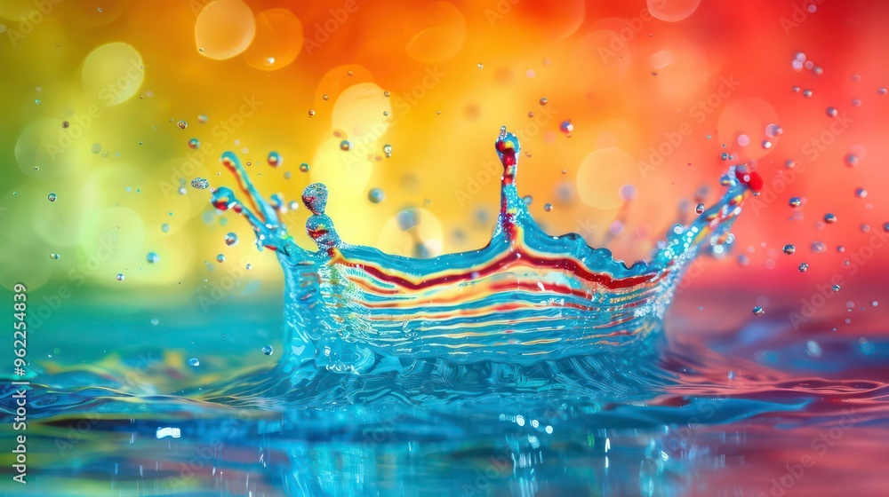 Poster water drop creating a crown-shaped splash in a close-up shot with a colourful bokeh background.