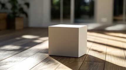 Elegant 3d mockup of a white box placed on a wooden floor with sunlight creating subtle reflections