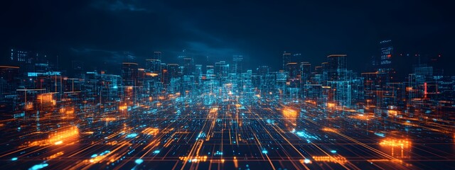 Fototapeta premium Digital cityscape with buildings made of glowing cubes, representing the futuristic and digital nature of smart urban development