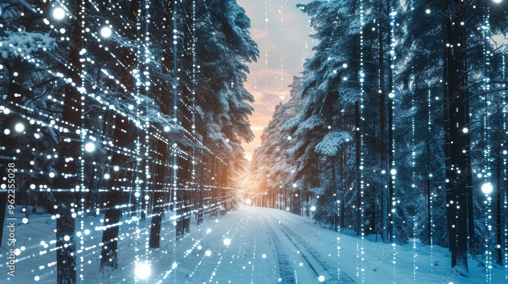 Poster a quiet snow-covered path winds through a dense forest, with tall trees lining both sides. the image
