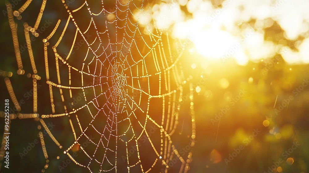 Wall mural   A close-up of a spider web with sunlight filtering through tree branches in the background