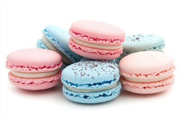 Fototapeta premium Macrons On White. French Pastry Assortment of Traditional Macarons in Blue and Pink Pastel Colors