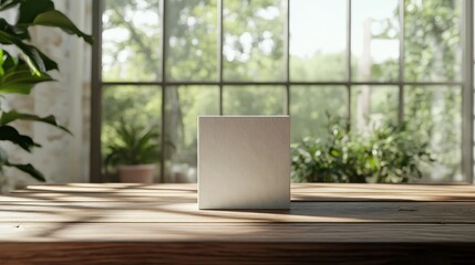 Fototapeta premium White box mockup on a wooden surface in a room filled with natural light from large windows