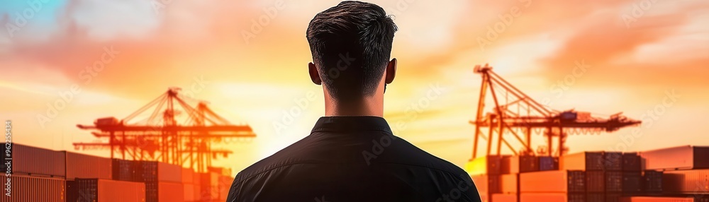 Poster silhouette of a manager overseeing the loading of a container ship, digital network overlay, silhoue
