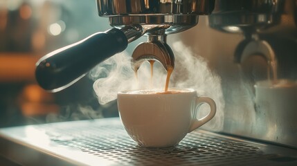 A close-up of an espresso machine dispensing a shot into a white porcelain cup, with steam and rich aroma in the air.