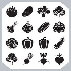 Set of vegetables black silhouette Carrot, potato, tomato, cucumber, onion, garlic, cauliflower, bell pepper, cabbage vector icon in white background.
