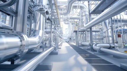 Obraz premium A technical room filled with galvanized or stainless steel pipes. Piping inside a modern factory. Illustration for banner, poster, cover, brochure, advertising, marketing or presentation.