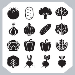 Set of vegetables black silhouette Carrot, potato, tomato, cucumber, onion, garlic, cauliflower, bell pepper, cabbage vector icon in white background.