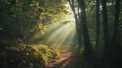 Obraz premium Through the forest, tall trees line a sunlit path, surrounded by towering grass blades